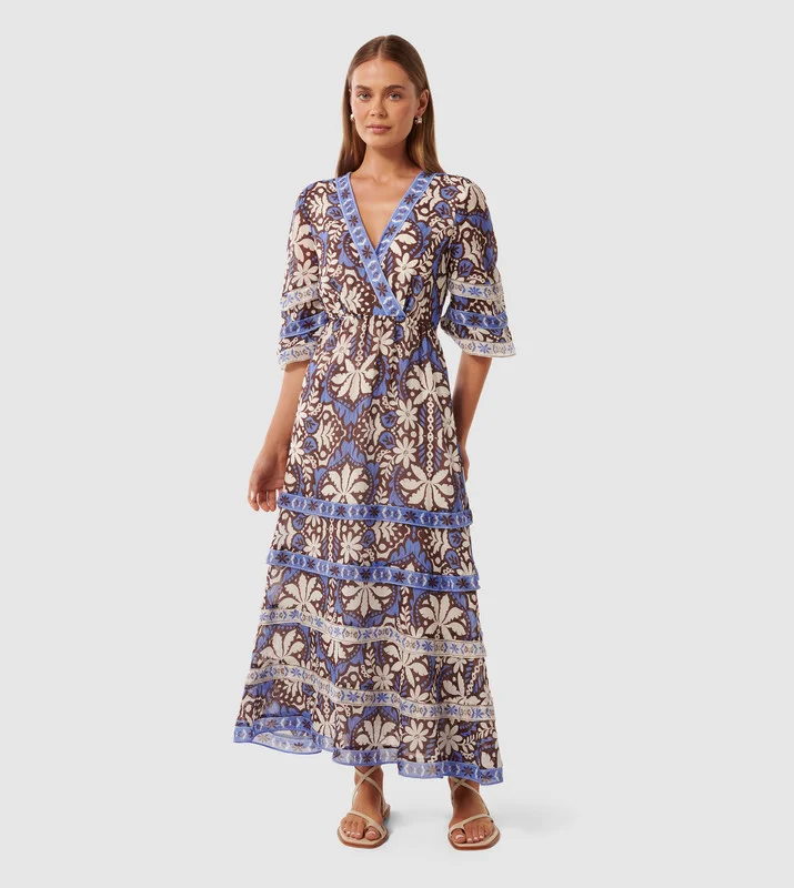 فورايفر نيو NATALIA Printed Tiered Trim Midi Dress